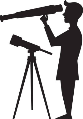 Siyah siluet bir kadın teleskopla bir tripoda bakıyor, kadın liderliği, vizyonu, keşfi ve astronomik gözlemi temsil ediyor.