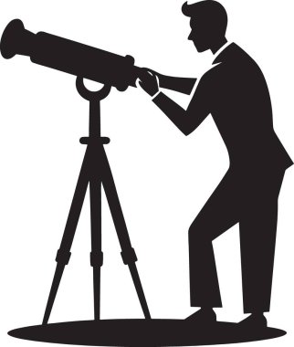 Siyah siluet vektör illüstrasyonunda teleskopla bakan bir adam, keşif, astronomi ve keşif için mükemmel.