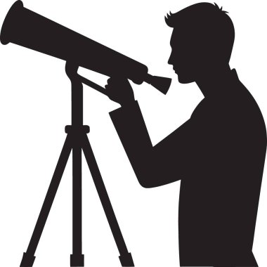 Gözlem, keşif, astronomi ve bilimsel araştırmaları temsil eden, tripoda monte edilmiş teleskoptan bakmak için eğilen bir adamın siyah vektör silueti.