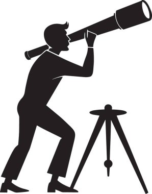 Siyah vektör silueti, ayakta duran ve teleskoptan bakan, görüş, keşif ve stratejik gözlemleri temsil eden bir adam.
