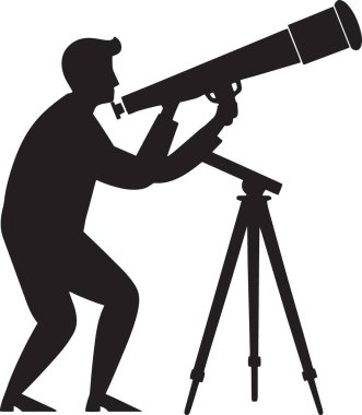 Bir kadının siyah vektör silueti ayakta duran ve tripodla büyük bir teleskoptan bakan, kadın görüşünü, keşfi ve stratejik öngörüyü temsil eden