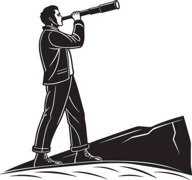 Bir kayanın üzerinde duran bir adamın siyah vektör silueti ya da yükselmiş bir pozisyonda teleskoptan bakarak keşif, görme ve maceracı bir ruhu temsil ediyor.