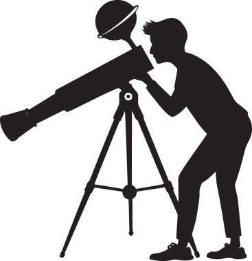 Siyah ve beyaz vektör silueti, teleskopla gökyüzünü gözlemleyen bir araştırmacıyı ya da gökbilimciyi gösteren, bir teleskoptan bakan bir adamın şapkası.