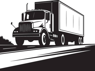 Açık bir otoyolda giden bir kamyonun siyah ve beyaz vektör silueti eyaletler arası taşımacılığı temsil eden perspektif çizgileri.