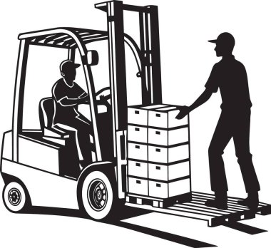 Lojistik envanter ve tedarik zincirini temsil eden bir depoya istiflenmiş kutuları yükleyen bir forklift operatörünün siyah ve beyaz vektör çizimi