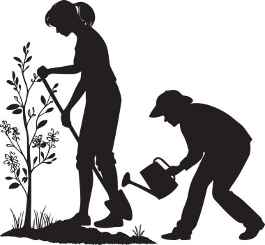 Bahçedeki bitkileri sulayan, bahçıvanlığı ve yetiştirmeyi temsil eden bir kadının siyah silueti.