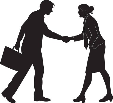 Cinsiyet eşitliği profesyonel anlaşma ve işbirliğini temsil eden bir iş ortamında bir erkek ve kadının siyah siluet vektörü