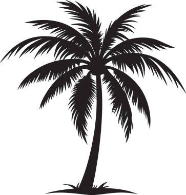 Tek bir tropikal palmiye ağacının siyah siluet vektörü. Hindistan cevizli. Plaj cenneti tatili ve yaz adası kaçamağını temsil ediyor.