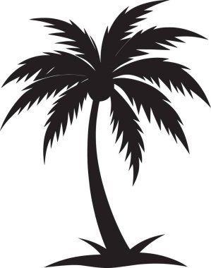 Farklı yükseklikteki iki palmiye ağacının siyah vektör silüeti plaj ve tatil tasarımları için mükemmel bir tropik sahne oluşturuyor.