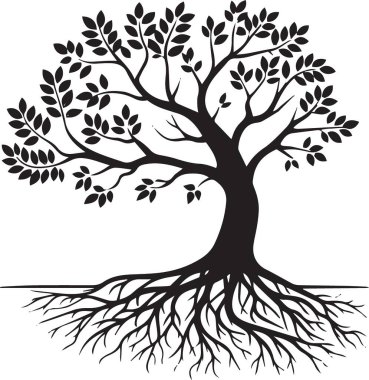 Ayrıntılı dalları ve görünür kök sistemi ile büyümeyi ve bağlantıyı simgeleyen bir yaşam ağacının siyah ve beyaz vektör çizimi