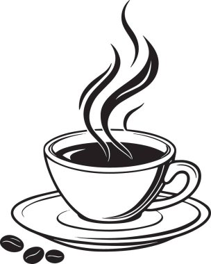 Sade ve beyaz bir fincan kahvenin, zarif buhar girdapları olan bir tabağın üzerindeki siyah ve beyaz çizimi, kafe ve kahve markaları için ideal.