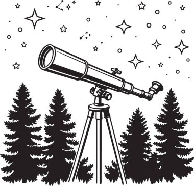 Bir teleskopun siyah ve beyaz vektör silueti yıldızlı bir gece gökyüzünün altında, çam ağaçları ile birlikte, astronomi ve bilim eğitimi için mükemmel.