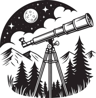 Astronomi ve doğa temalı tasarımlar için ideal olan dağların ve çam ağaçlarının olduğu bir gece sahnesinde Ay 'a bakan bir teleskop siyah ve beyaz vektör sanatı