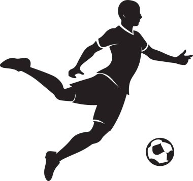 Bir futbolcunun siyah ve beyaz vektör silueti topla bir aksiyon vuruşu yapıyor, spor etkinliği pazarlaması ve futbol kulübü markası için mükemmel.