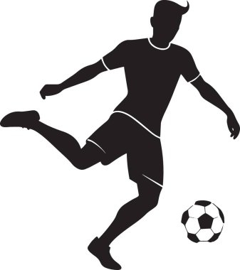 Top sürerken koşan bir futbolcunun siyah ve beyaz vektör silueti, spor eğitimi ve atletik performans tasarımları için ideal