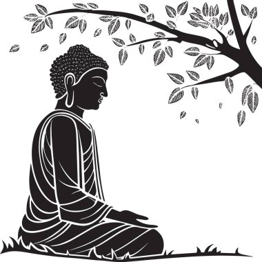 Buda 'nın siyah ve beyaz vektör sanatı yaprakları dökülen bir bodhi ağacının altında meditasyon yapmak yoga stüdyosu, sağlık ve ruhsal inziva için ideal.