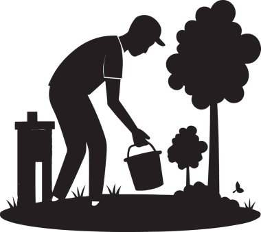 Bahçedeki çiçek ve bitkileri sulayan bir kişinin siyah ve beyaz vektör silueti. Bahçe işleri, bahçıvanlık ve açık havada yaşam tasarımları için mükemmel.