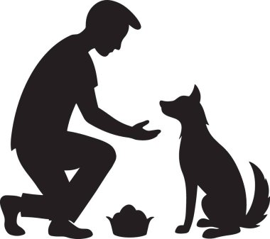 Oturan bir köpeği eğip okşayan bir adamın siyah beyaz vektör silueti. Hayvan bakımı, veteriner ve hayvan sever tasarımları için mükemmel.