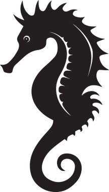 Süslü bir deniz atının siyah vektör silueti kıvrılmış kuyruğu ve ayrıntılı yüzgeç tasarımı