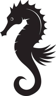 Dikenli bir deniz atının siyah vektör silueti. Özenle hazırlanmış sırt yüzgeci ve desenli vücut tasarımı.