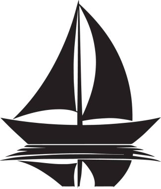 Black vector silhouette of a sailboat with full sails on calm water with reflections