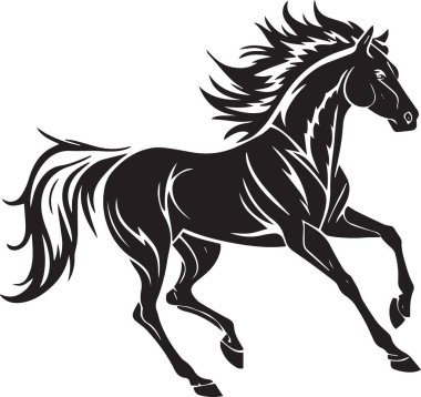 Vahşi bir atın siyah vektör silueti. Dört nala koşuyor, kaslı vücudu ve yelesi var.