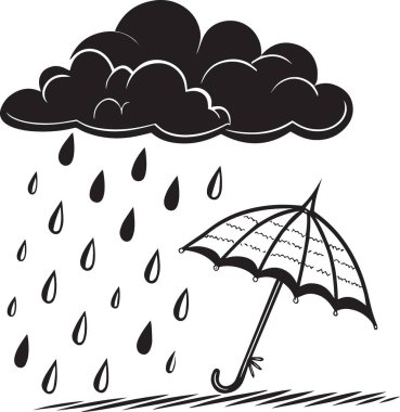 Yağmurun siyah vektör silueti bir şemsiyeyle buluttan düşüyor ve aşağıda koruma sağlıyor.