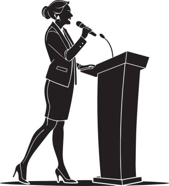 Podyumda mikrofon ve dekoratif bitkilerle konuşma yapan bir adamın siyah vektör silueti.