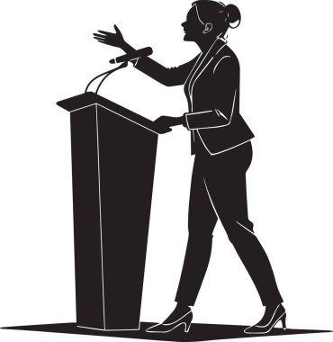 Podyumda duran bir kadının siyah vektör silueti jestlerle sunum ya da konuşma yapıyor.