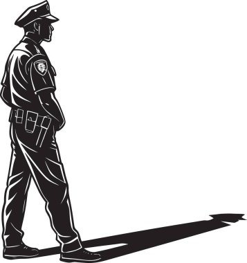 Siyah ve beyaz vektör silueti, üniformalı bir erkek polis memurunun gölgeyle hazır beklemesi.