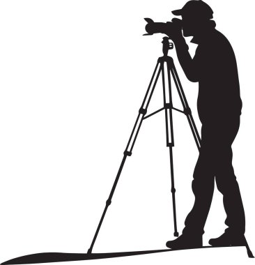 Bir fotoğrafçının siyah vektör silueti profesyonel bir tripoda monte edilmiş bir kameraya bakıyor.