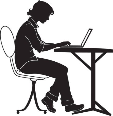 Masada oturan bir adamın siyah vektör silueti işe odaklanmış bir dizüstü bilgisayar üzerinde çalışıyor.