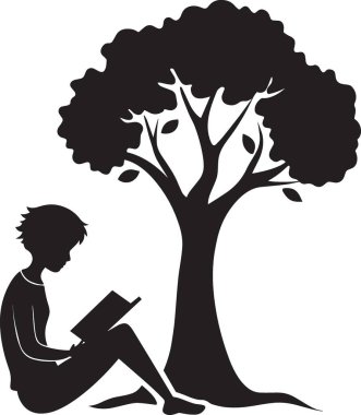Büyük yuvarlak bir ağacın altında oturan ve doğada kitap okuyan bir çocuğun siyah vektör silueti.