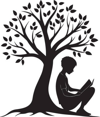 Siyah vektör silueti, yapraklı bir ağacın altında oturmuş huzur içinde kitap okuyan bir çocuk.
