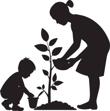 Siyah vektör silueti, bir baba ve küçük bir çocuğun bahçeye birlikte genç bir ağaç dikmesi.