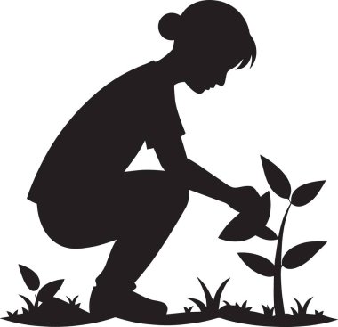 Bir kadının siyah vektör silueti çömelmiş ve dikkatlice yapraklı küçük bir bitki dikiyor.