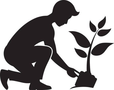 Genç bir fidan ağacı dikmek için kürekle kazan birinin siyah vektör silueti.