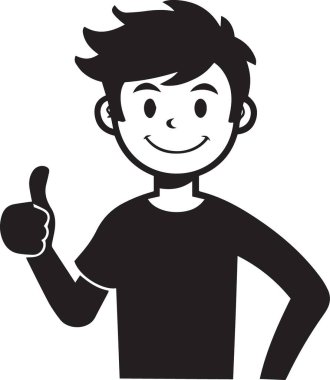 Siyah beyaz çizgi film vektör çizimi gülümseyen bir çocuğun onay jestini gösteriyor.