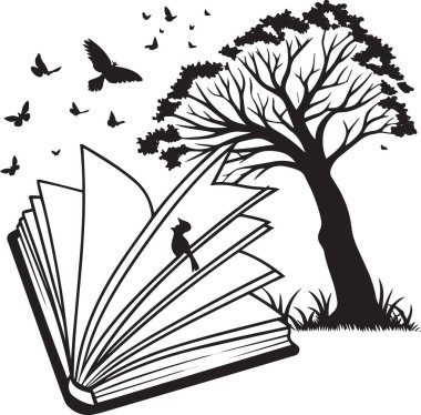 Açık bir kitabın siyah ve beyaz vektör silueti. Kuşlar ve doğa sahnesi, okuma ve eğitimin sihrini simgeleyen sayfalardan doğuyor.