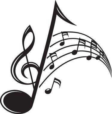 Müzik melodisi ve ritmi temsil eden üç tuşlu bir kadronun üzerinde akan notaların siyah ve beyaz vektör çizimi