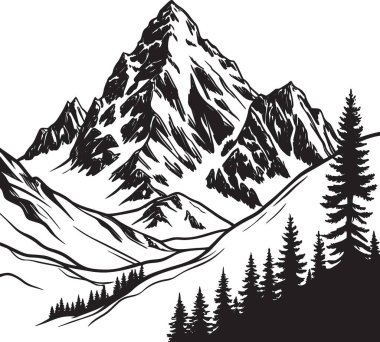 Çam ağaçları ve karla kaplı tepelerin vahşi doğa ve macerayı temsil ettiği dramatik bir dağ manzarasının siyah ve beyaz vektör çizimi