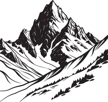 Alp manzarası ve doğa manzarasını temsil eden vadisi ve dramatik zirveleri olan, kar kaplı dağ siluetinin siyah ve beyaz vektörü.