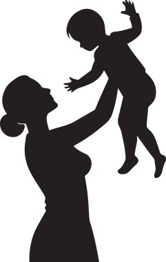 Siyah siluet vektör çizimi bir annenin dans edişinin ve iki çocukla oynaşmasının aile sevgisi anneliği ve neşeli ebeveynliği temsil ettiğini gösteriyor.