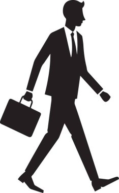 Takım elbiseli bir işadamının siyah siluet vektörü şirket mesleği ve iş başarısını temsil eden bir evrak çantasıyla hızla yürüyor.