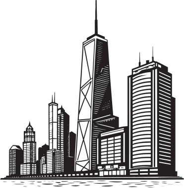 Şehir merkezindeki gökdelenler ve şehir gelişimini temsil eden iletişim kuleleri olan gökdelenlerin cesur siyah ve beyaz vektör silueti