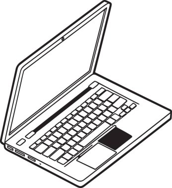 Klavye ve ekranı yan açıdan gösteren açık bir dizüstü bilgisayarın siyah ve beyaz vektör çizimi