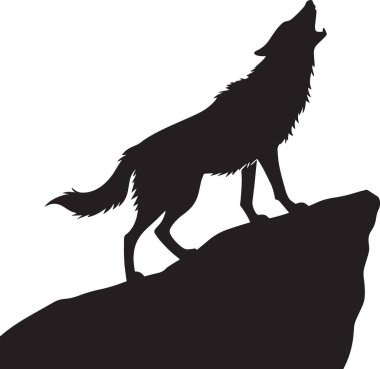 Siyah siluet vektör çizimi iki kurdun birlikte uluması kayalık arazide duruyor.