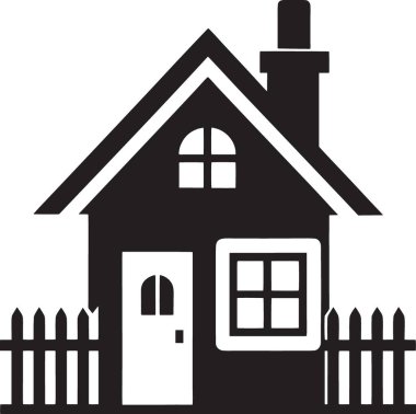 Baca pencereli, bahçe çitli ve rahat mimari tarzlı bir aile evinin siyah siluet vektör çizimi