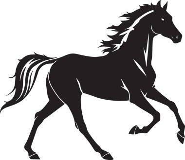 Siyah siluet vektör çizimi, dinamik hareket ve akan yeleyle dört nala koşan bir atın resmi.