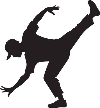 İki break dansçının dinamik sokak dansı hareketlerini gösteren siyah siluet vektör çizimi